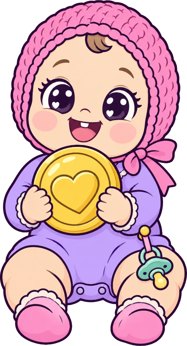 A baby in a pink bonnet hugging a gold coin